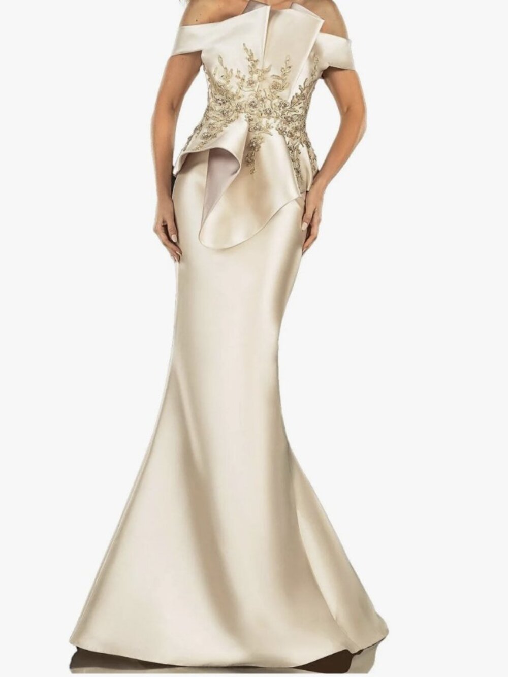 Terani Couture Off the Shoulder Pleated Floral Beaded Bodice Mermaid Gown Size14